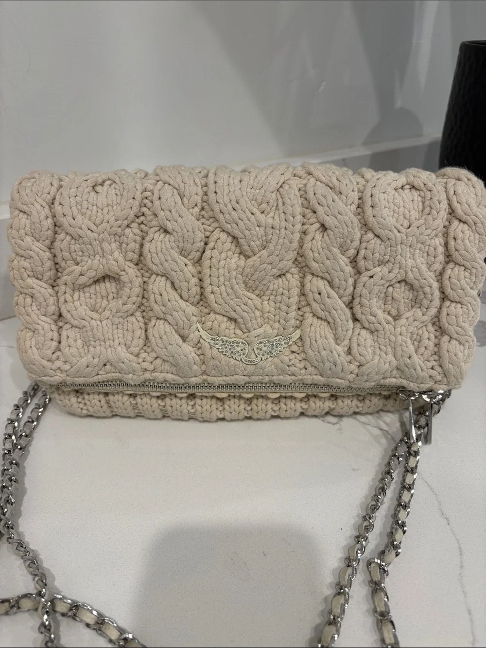 Zadig & Voltaire Cream Knit Chain Crossbody Bag